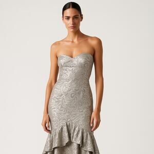 TD4 By Eletra Silver Metallic Strapless Ruffle Wedding Bridesmaid Gown Dress OS